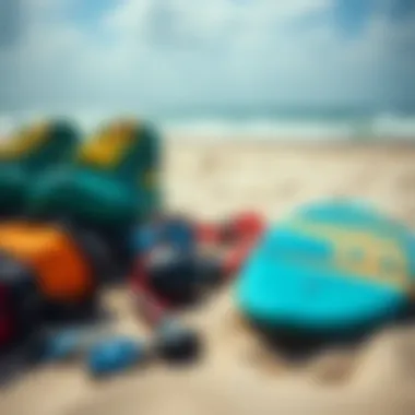Kite surfing gear laid out on the beach