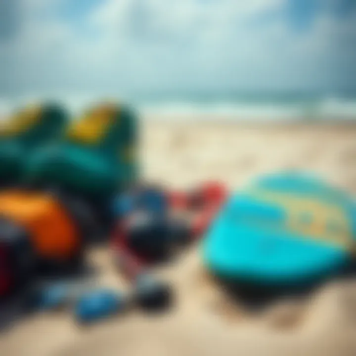 Kite surfing gear laid out on the beach