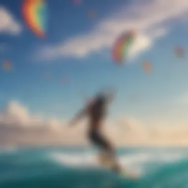 A vibrant kite surfing scene with colorful kites soaring through the sky