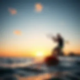 Kite surfer gliding over the water at sunset