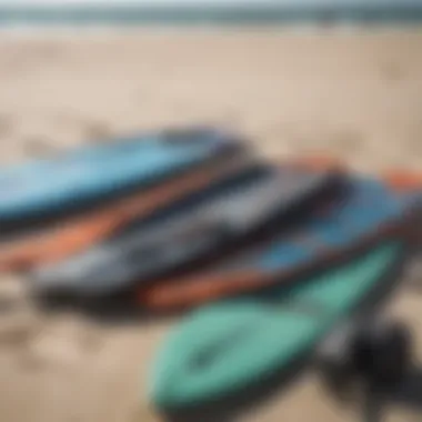 Close-up of kite surfing equipment laid out on the beach