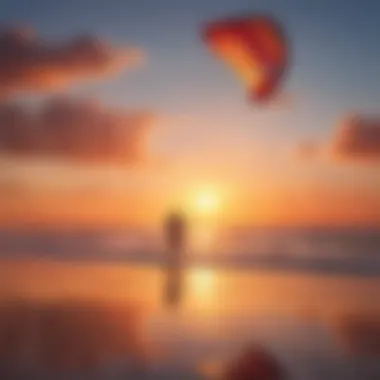 The vibrant sunset reflecting on the water's surface, with kites in the background