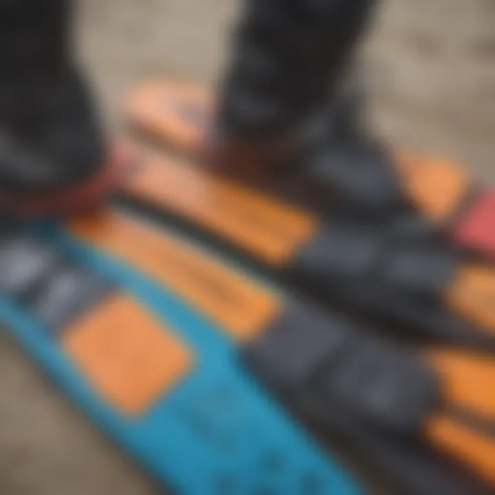 Different types of kiteboard foot straps arranged for comparison.