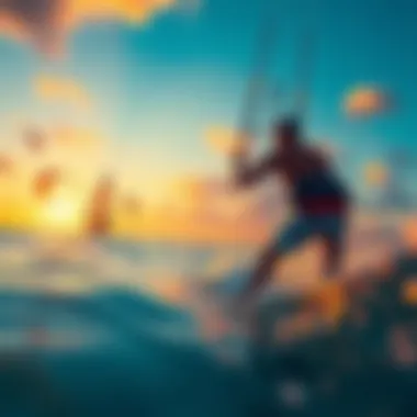 Sunset Serenity: A Kiteboarder's Journey Kiteboarder navigating through gentle waves at sunset