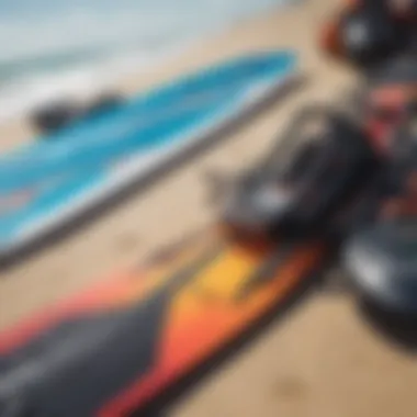 Close-up of kiteboarding equipment laid out on the beach