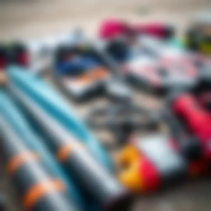 Kiteboarding Gear Essentials Close-up of essential kiteboarding gear laid out