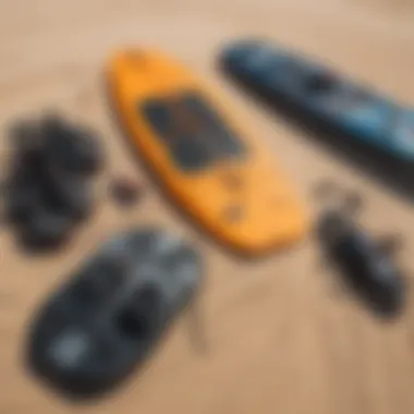 Kiteboarding gear laid out on the sandy beach