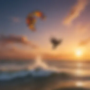 A scenic view of kiteboarding at sunset along the Houston coastline