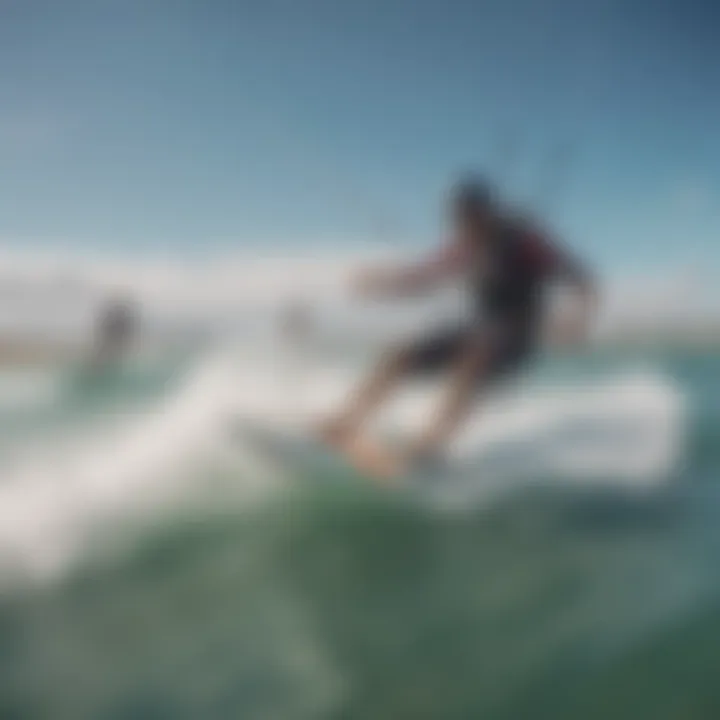 An aerial view of kiteboarders riding the waves