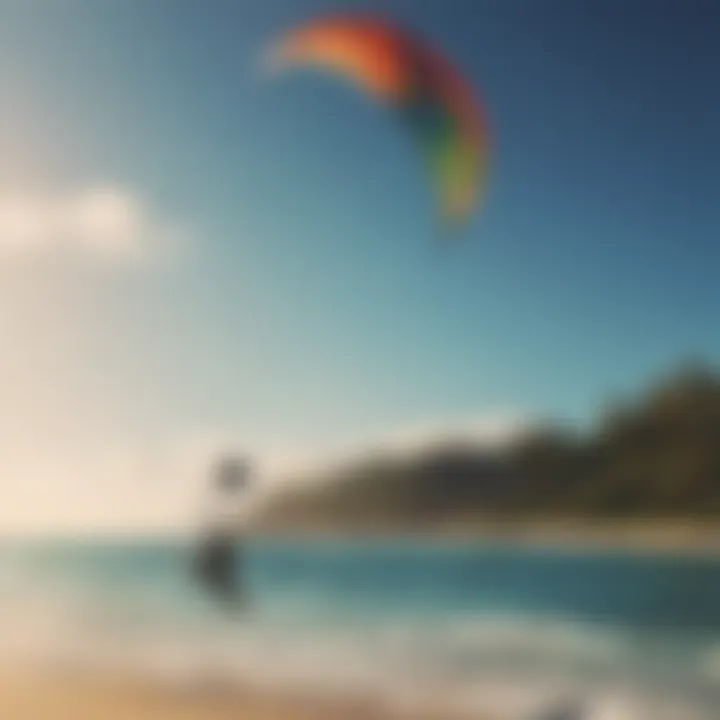 A vivid kite in the sky above a serene beach