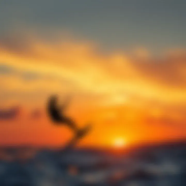 A vibrant kiteboarding scene against a sunset backdrop