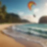 A vibrant kite soaring high above a picturesque beach during kiteboarding