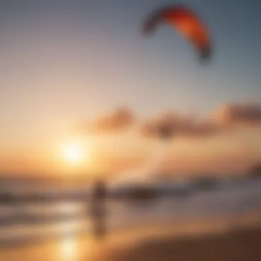 Kitesurfers enjoying the waves during sunset, creating a picturesque scene.