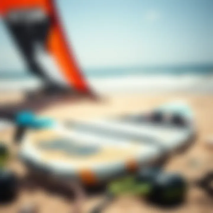 Essential Kiteboarding Gear on the Beach A close-up of essential kiteboarding gear laid out on the beach.