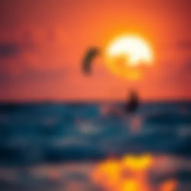 Kiteboarding at Sunset in Palapas Ventana Kiteboarders enjoying the wind and waves in a vibrant sunset