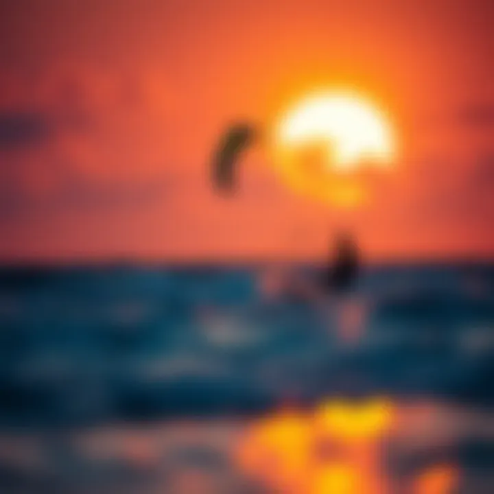 Kiteboarding at Sunset in Palapas Ventana Kiteboarders enjoying the wind and waves in a vibrant sunset