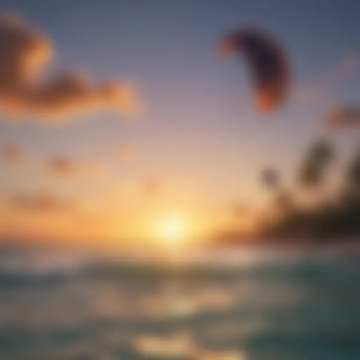 A serene sunset over the ocean, creating a picturesque backdrop for kiteboarding