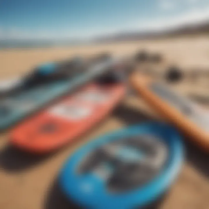 Close-up of kiteboarding gear laid out on the sandy beach