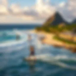 A scenic view of Sea Bay Resort with kiteboarders in action