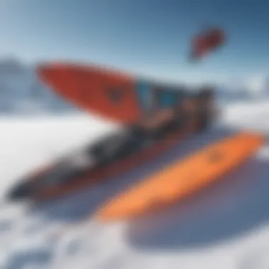 Essential Gear for Snow Kiteboarding An array of snow kiteboarding gear laid out on the snow.