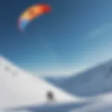 A vibrant snow kite soaring across a clear blue sky.