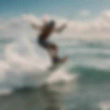 A stunning view of South Beach Ocean City with kiteboarders in action.