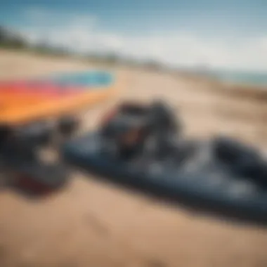 Essential kiteboarding equipment laid out on the beach.