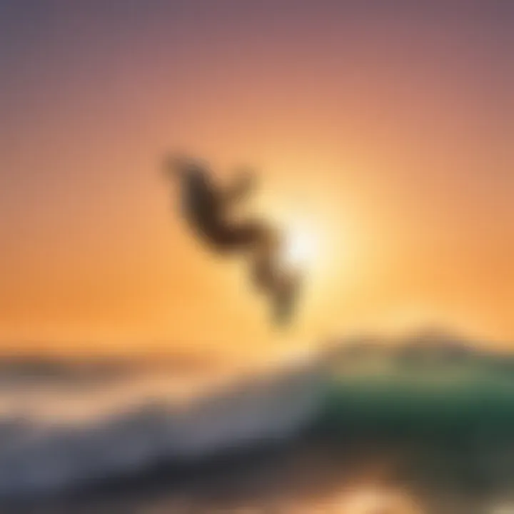 A kiteboarder performing a jump against a sunset backdrop