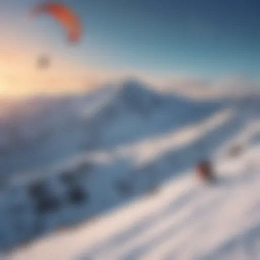 A serene mountain landscape with a kite surfer navigating the snowy terrain