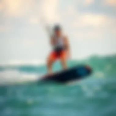 Kiteboarding with Split Toe Booties Kiteboarder wearing split toe booties while riding the waves.