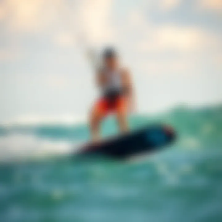 Kiteboarding with Split Toe Booties Kiteboarder wearing split toe booties while riding the waves.