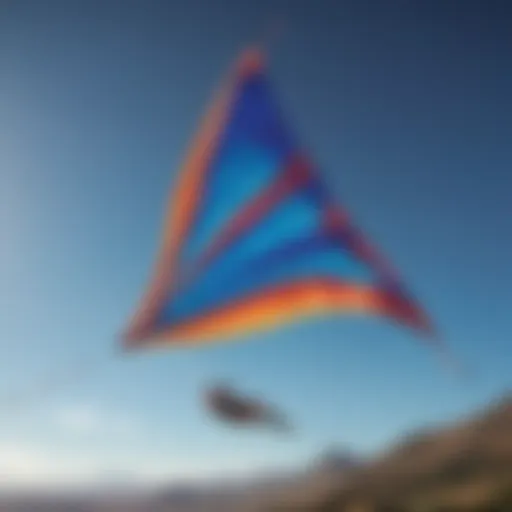 A vibrant kite soaring against a clear blue sky, showcasing modern design elements.