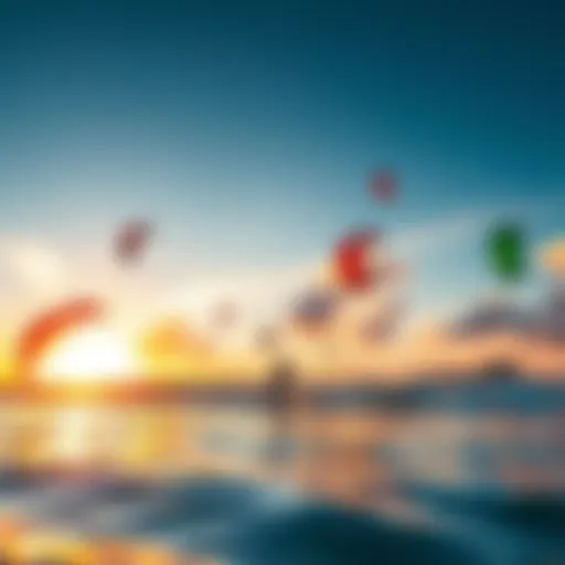 Kite Surfing Paradise: Sunset Serenity A breathtaking view of a kite surfing beach at sunset