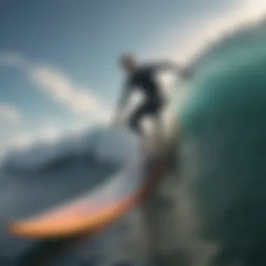 A breathtaking view of a surfer carving through waves on a surf foil