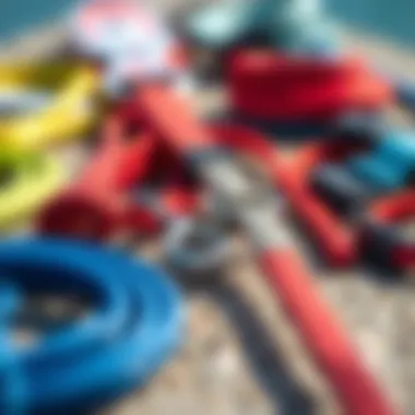 Diverse Types of Board Leashes Close-up of various types of board leashes laid out for comparison