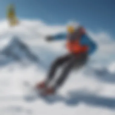 A skilled snowkiter executing a dynamic maneuver against a backdrop of snow-capped mountains.