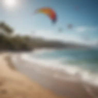 A pristine beach with vibrant kites soaring above the waves