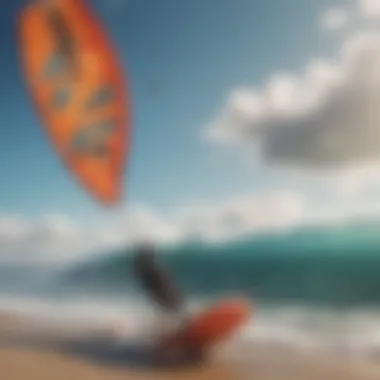 Close-up of surf kiting equipment, showcasing a kite and board