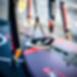 A detailed view of a foiling board highlighting its unique design features.