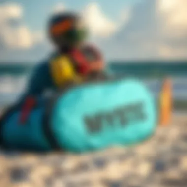 Mystic board bag in a serene beach setting with kiteboarding gear