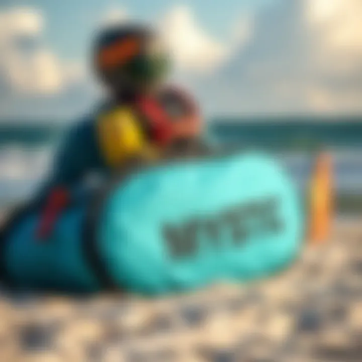 Mystic board bag in a serene beach setting with kiteboarding gear