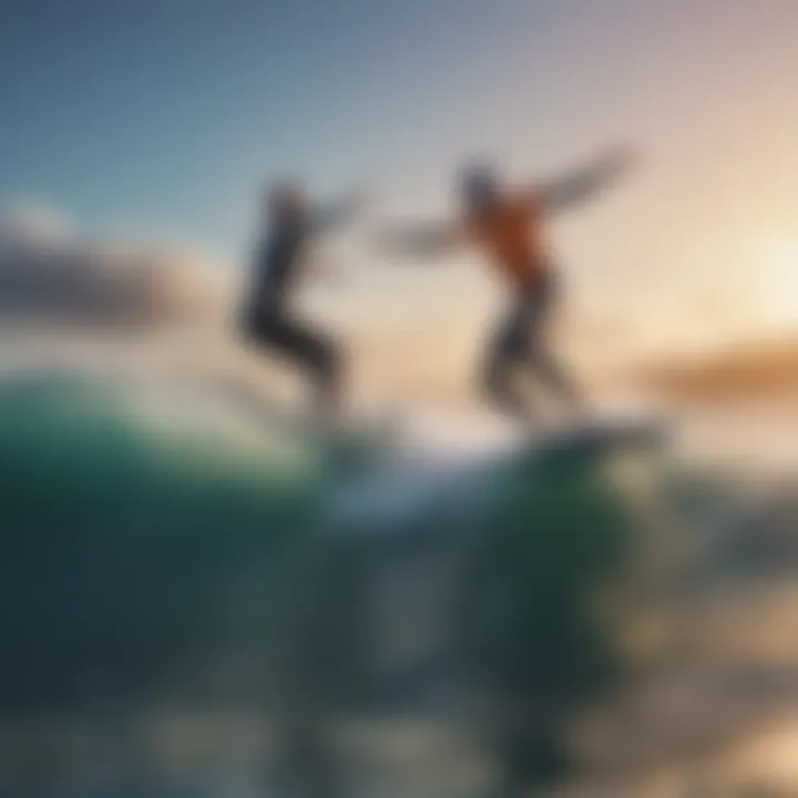 A scenic view of surfers enjoying the thrill of electric foil surfing