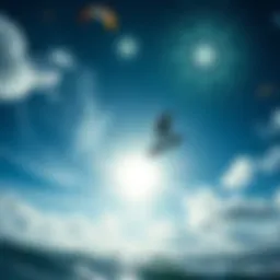 Kiteboarder soaring through the sky with mystical patterns in the background