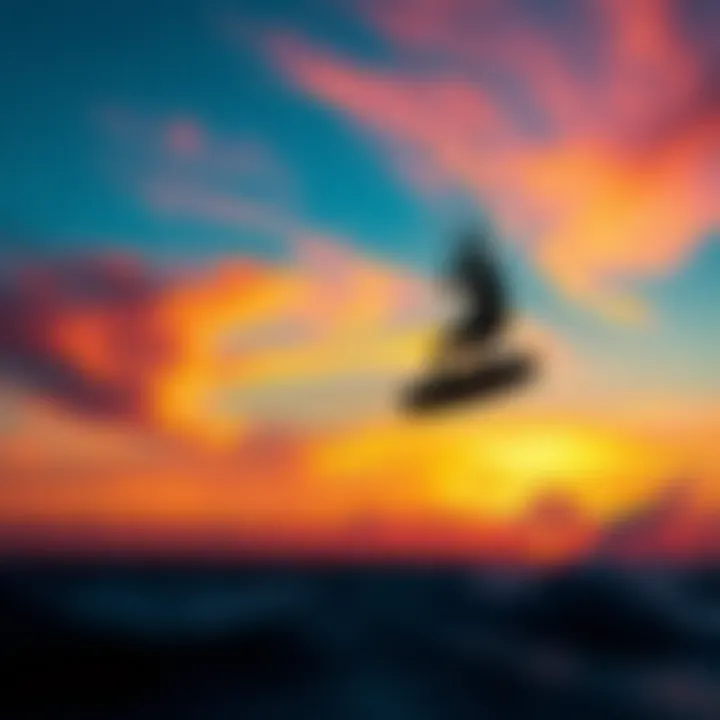 Sunset Serenity in Kiteboarding A vibrant sunset over the ocean, with a kiteboarder silhouetted against the colorful sky