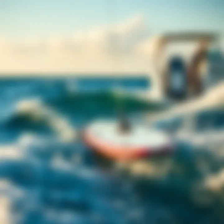 Hydrodynamic Mechanics of a Foil Board An illustration depicting the hydrodynamics of a foil board in motion behind a boat.