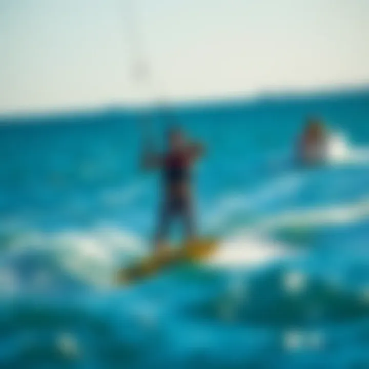 Kiteboarding Action with a Foil Board A kiteboarder using a foil board while being towed by a boat in a serene water environment.