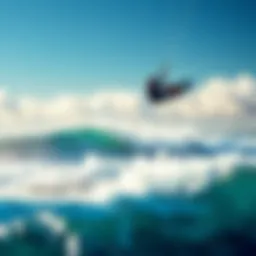 A kiteboarder soaring through the air with a dynamic backdrop of ocean waves