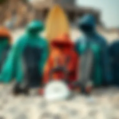 Diverse surf gear displayed on sandy beach