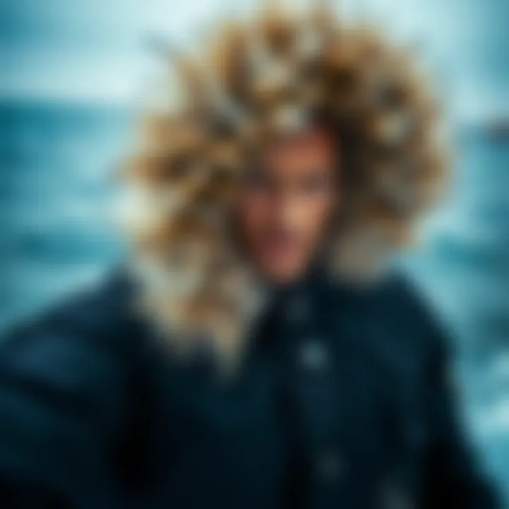 Close-up of fur-lined parka showcased against ocean backdrop