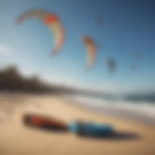Diverse types of kiteboarding kites displayed on a sandy beach